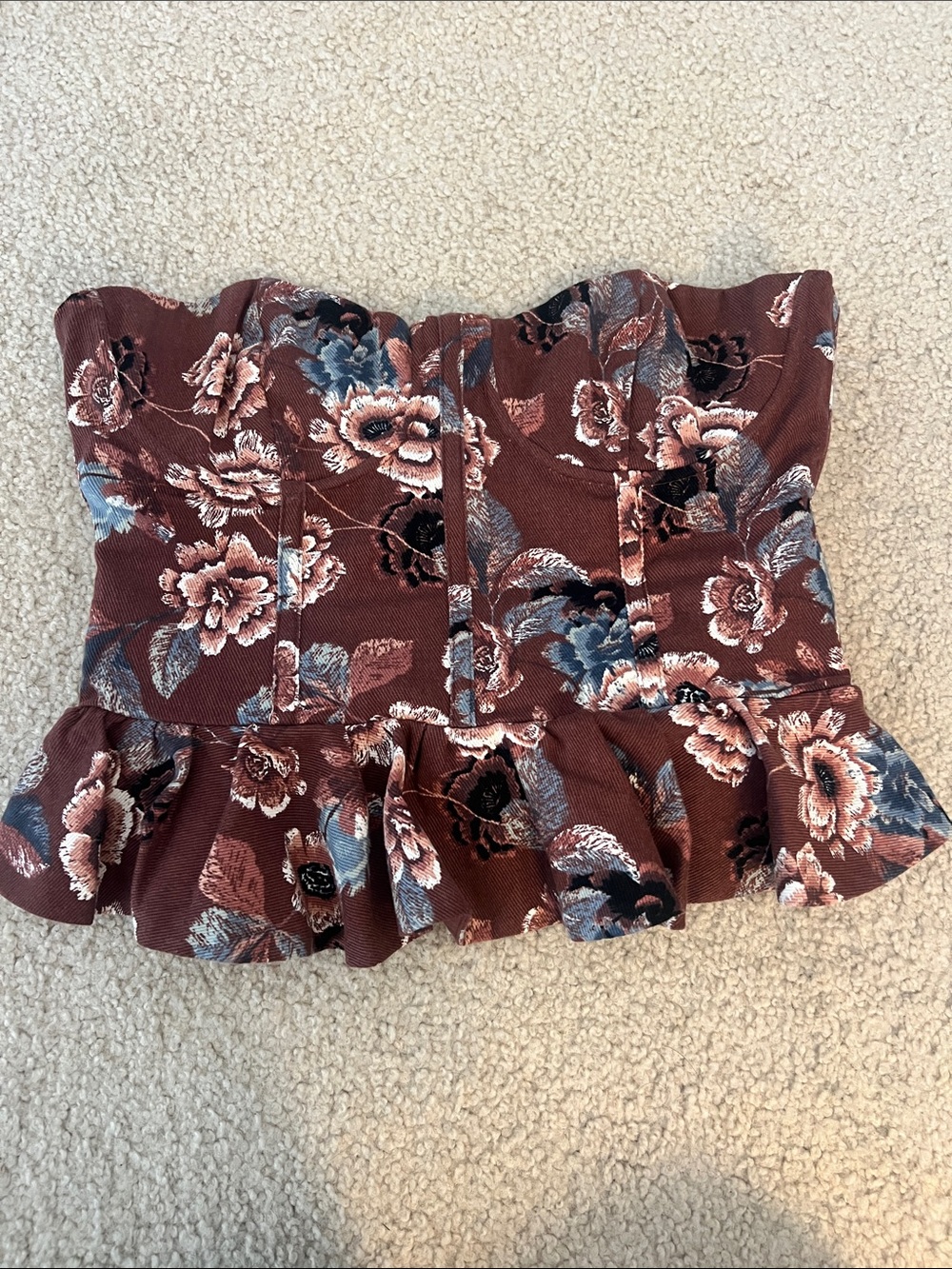 Vici Strapless Floral Peplum Crop Top - brown, Blue, Cream
